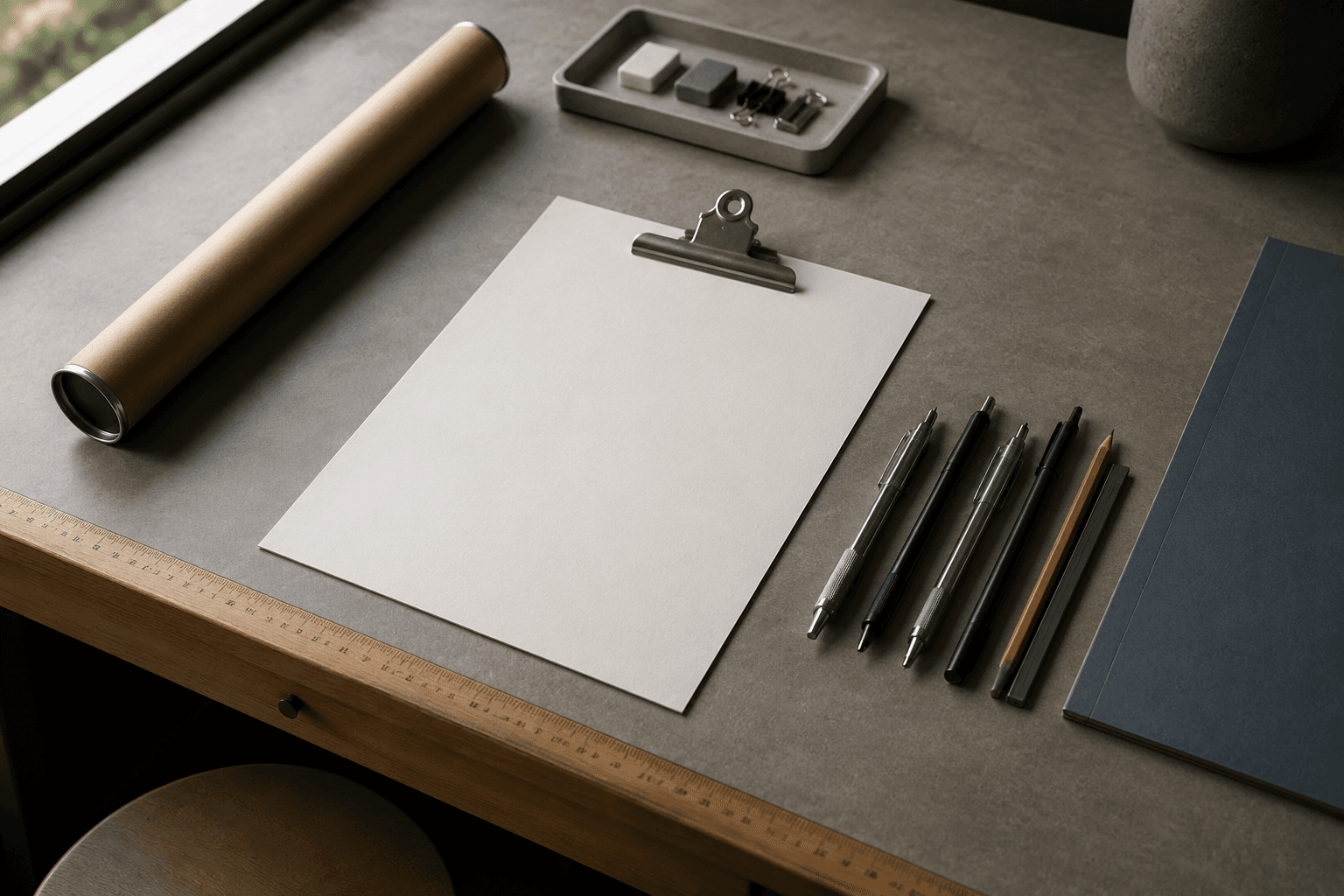 Stone-grey drafting desk with paper tube, clip board, technical pens and an oak ruler edge